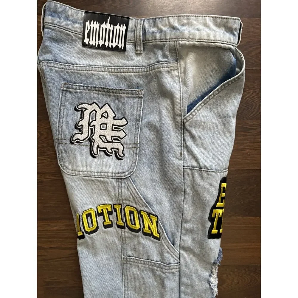 Mixed Emotion “Worker” Jeans Patchwork Graphic Light Wash Streetwear Denim 34/35